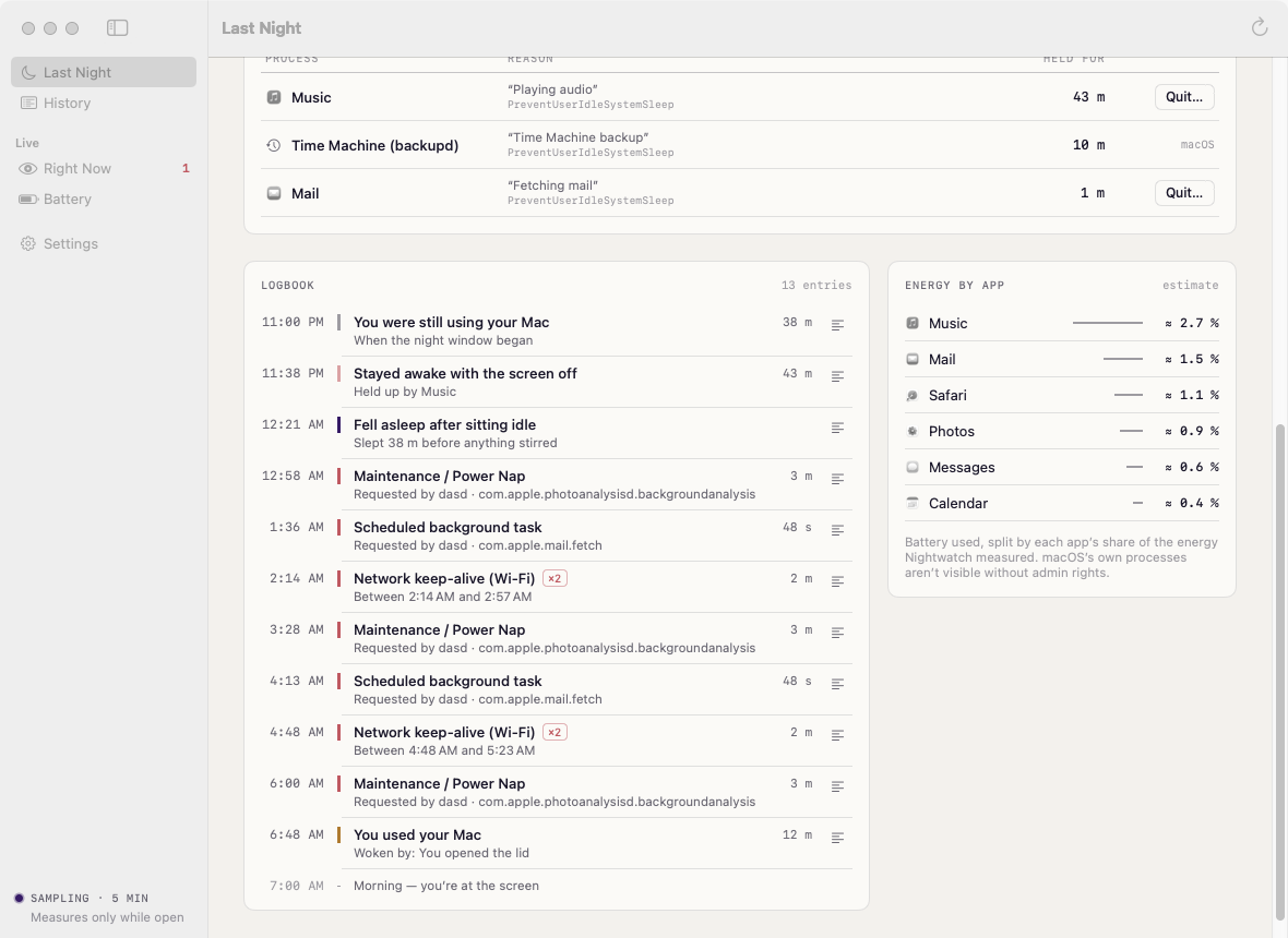 Nightwatch’s logbook of every wake, with energy by app